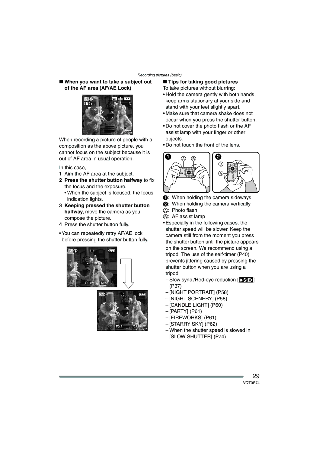 Panasonic DMC-FX9GN When the subject is focused, the focus indication lights, Press the shutter button fully, Party P61 