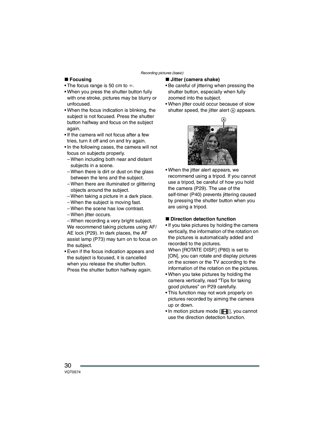 Panasonic DMC-FX9GN operating instructions Focusing, Jitter camera shake, Direction detection function 