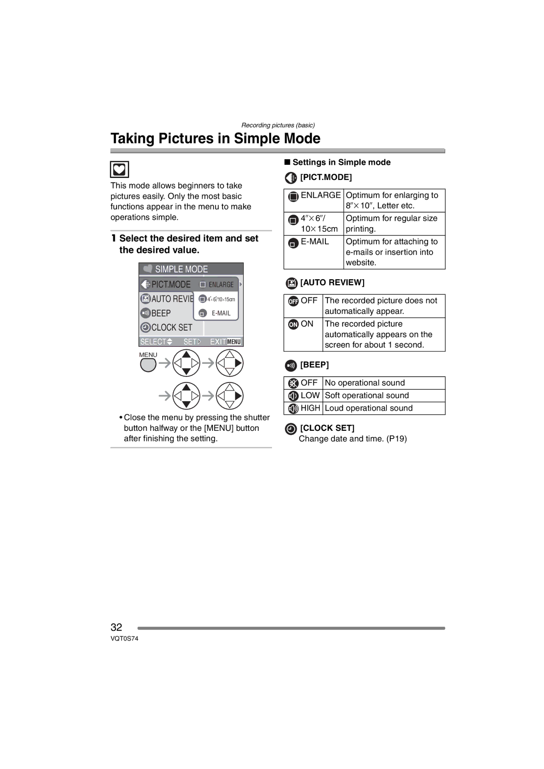 Panasonic DMC-FX9GN Taking Pictures in Simple Mode, Select the desired item and set the desired value, Beep 