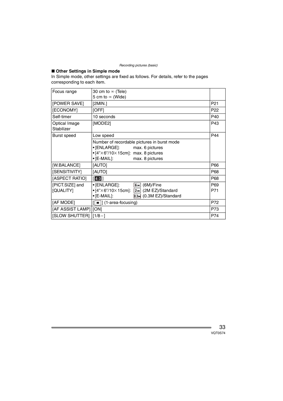 Panasonic DMC-FX9GN operating instructions Other Settings in Simple mode 