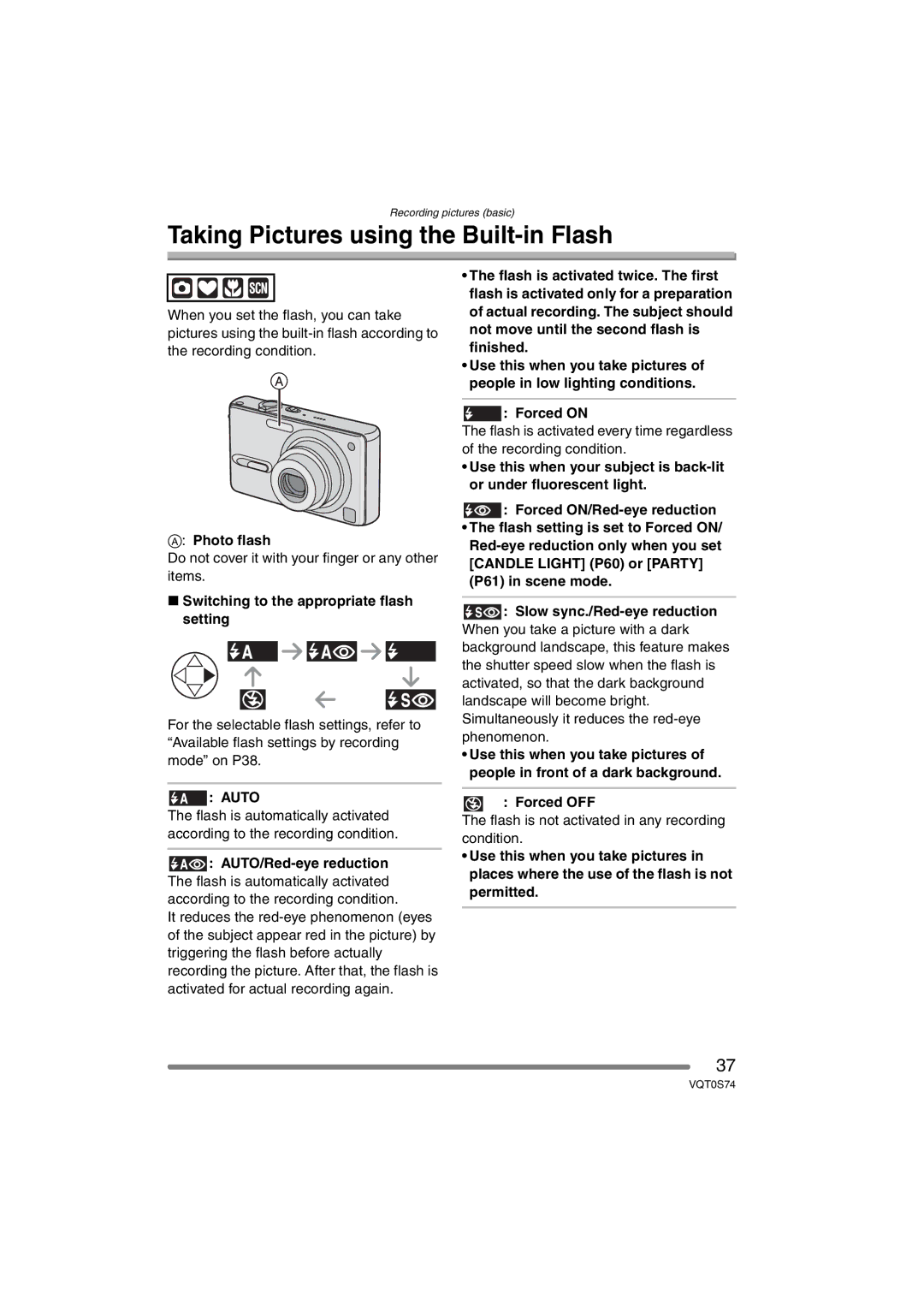 Panasonic DMC-FX9GN operating instructions Taking Pictures using the Built-in Flash 