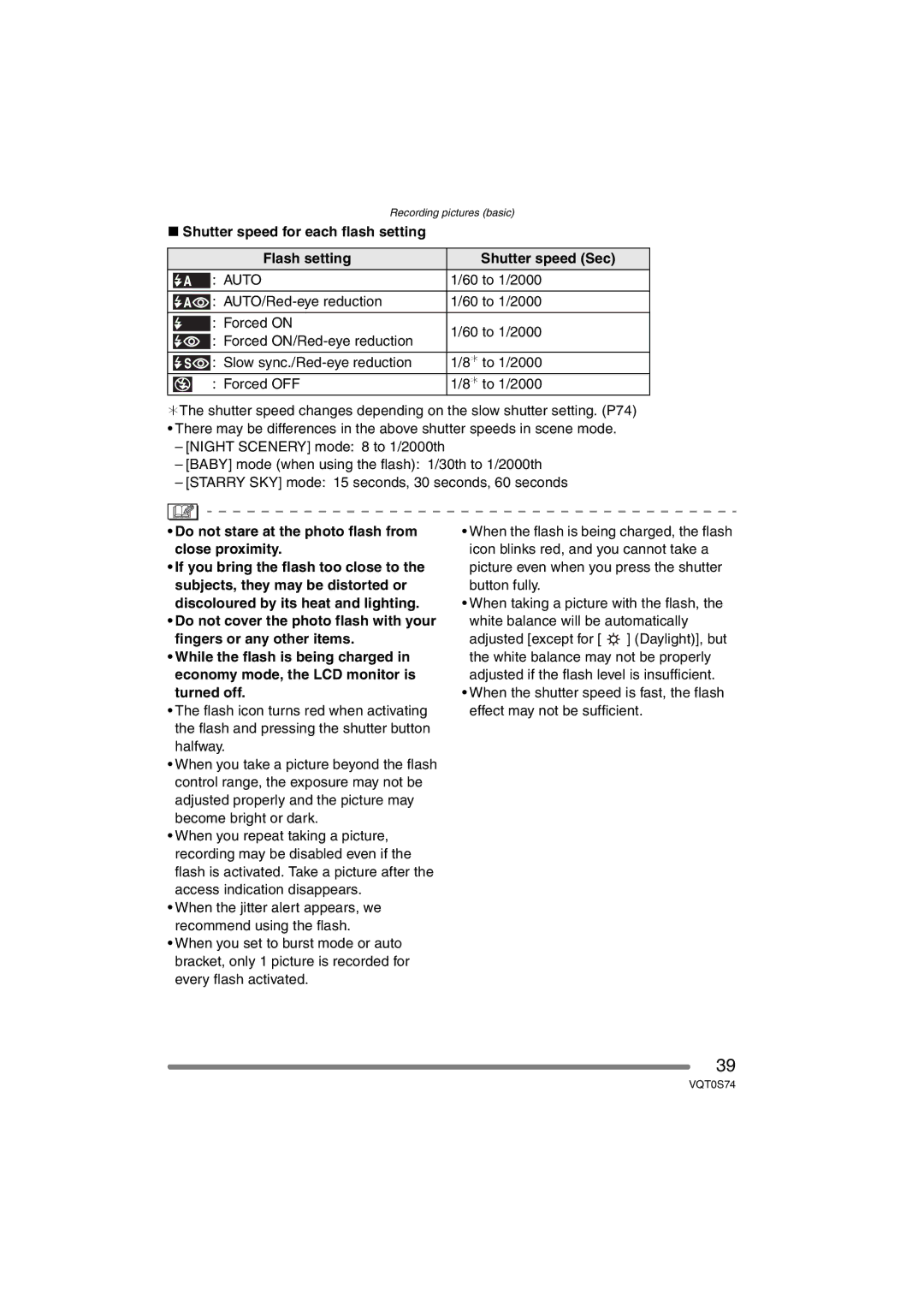 Panasonic DMC-FX9GN operating instructions 60 to 1/2000, Do not stare at the photo flash from close proximity 