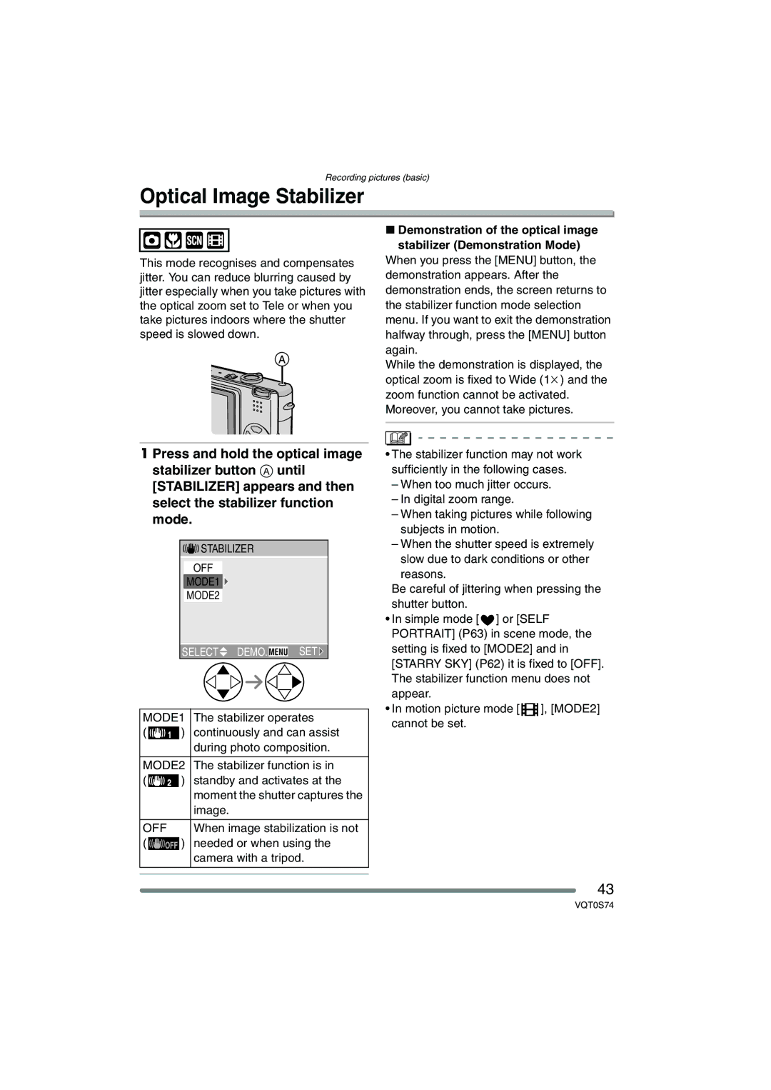 Panasonic DMC-FX9GN operating instructions Optical Image Stabilizer, MODE1 