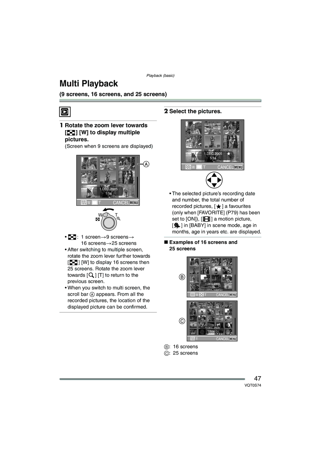 Panasonic DMC-FX9GN operating instructions Multi Playback, Select the pictures, Examples of 16 screens and 25 screens 