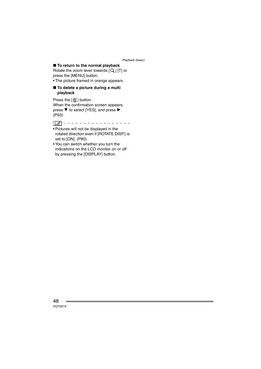 Panasonic DMC-FX9GN operating instructions To return to the normal playback, To delete a picture during a multi playback 