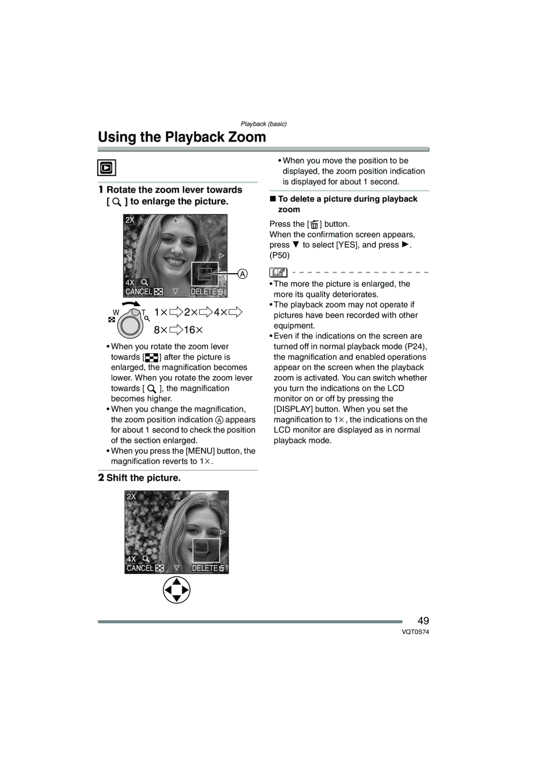 Panasonic DMC-FX9GN Using the Playback Zoom, Rotate the zoom lever towards To enlarge the picture, Shift the picture 