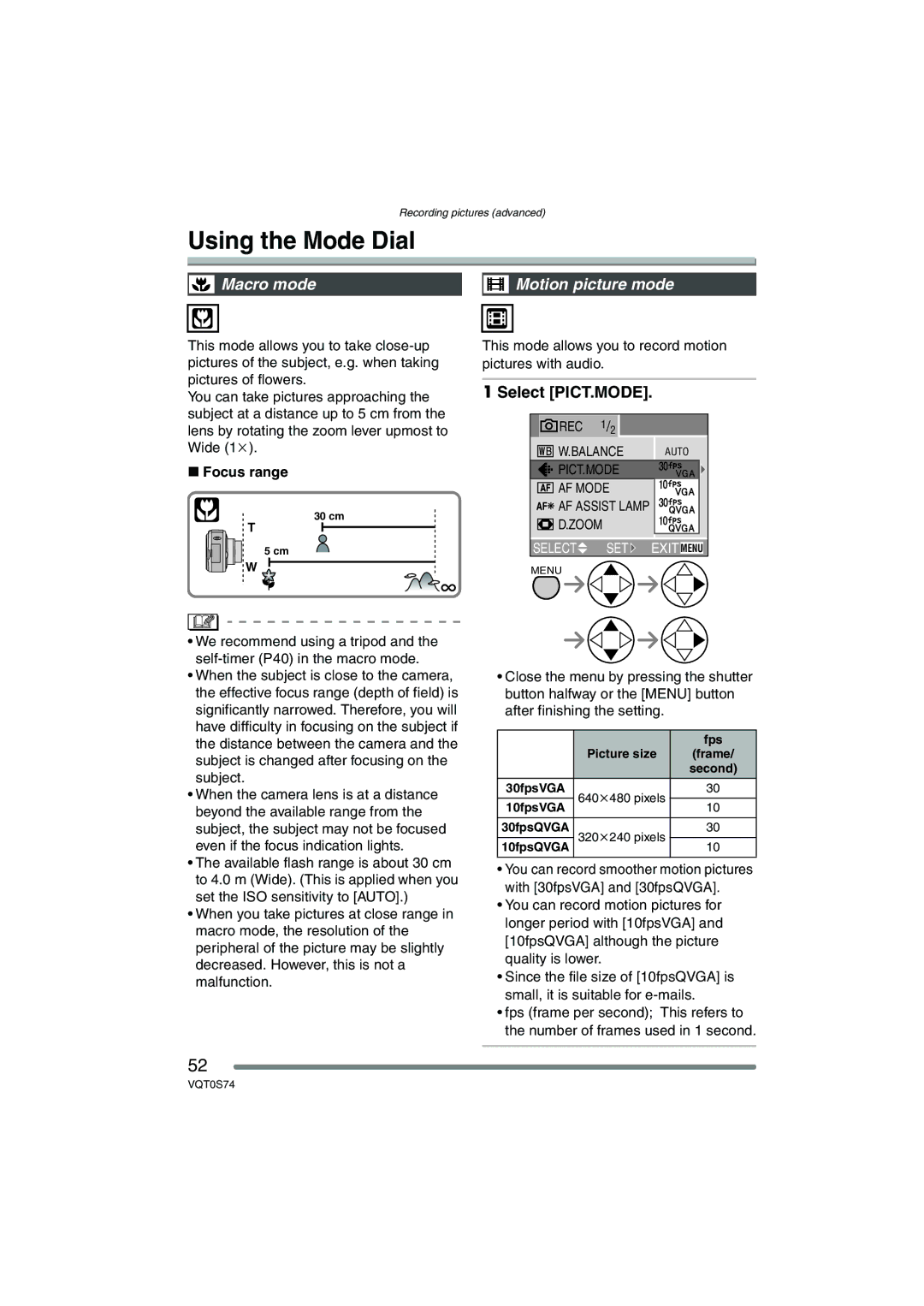 Panasonic DMC-FX9GN Using the Mode Dial, Macro mode Motion picture mode, Select PICT.MODE, Focus range 