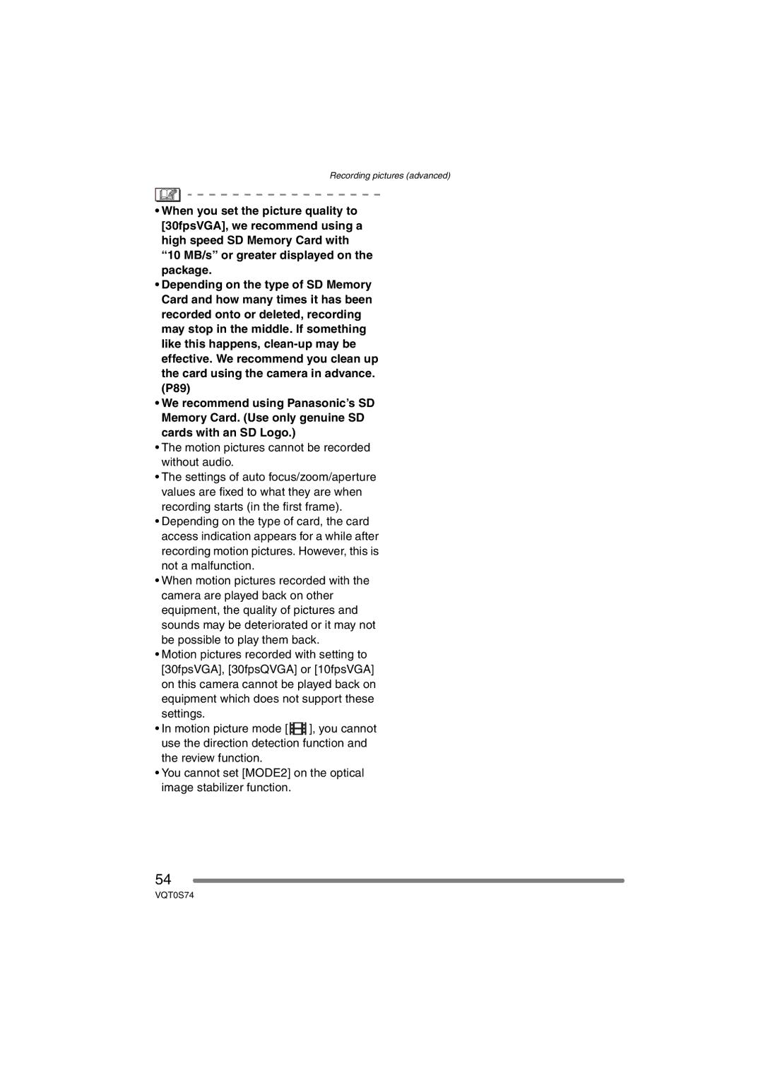 Panasonic DMC-FX9GN operating instructions Motion pictures cannot be recorded without audio 