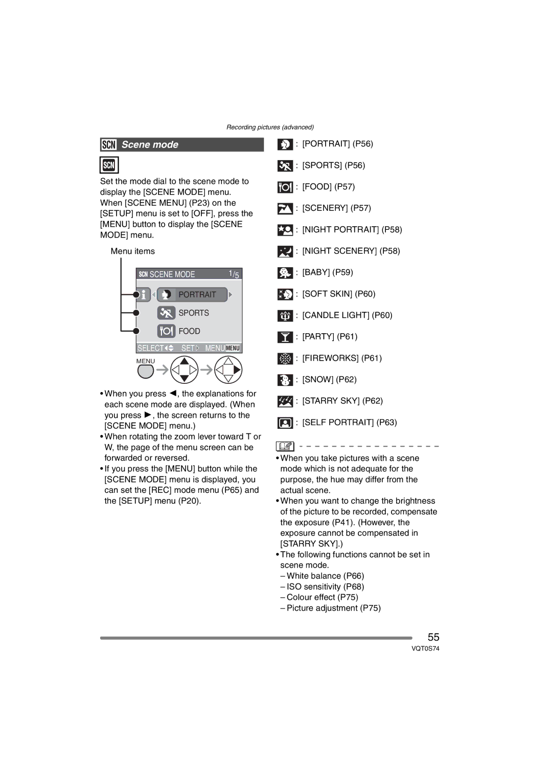 Panasonic DMC-FX9GN operating instructions Scene mode, Night Portrait P58 Night Scenery P58, Self Portrait P63 