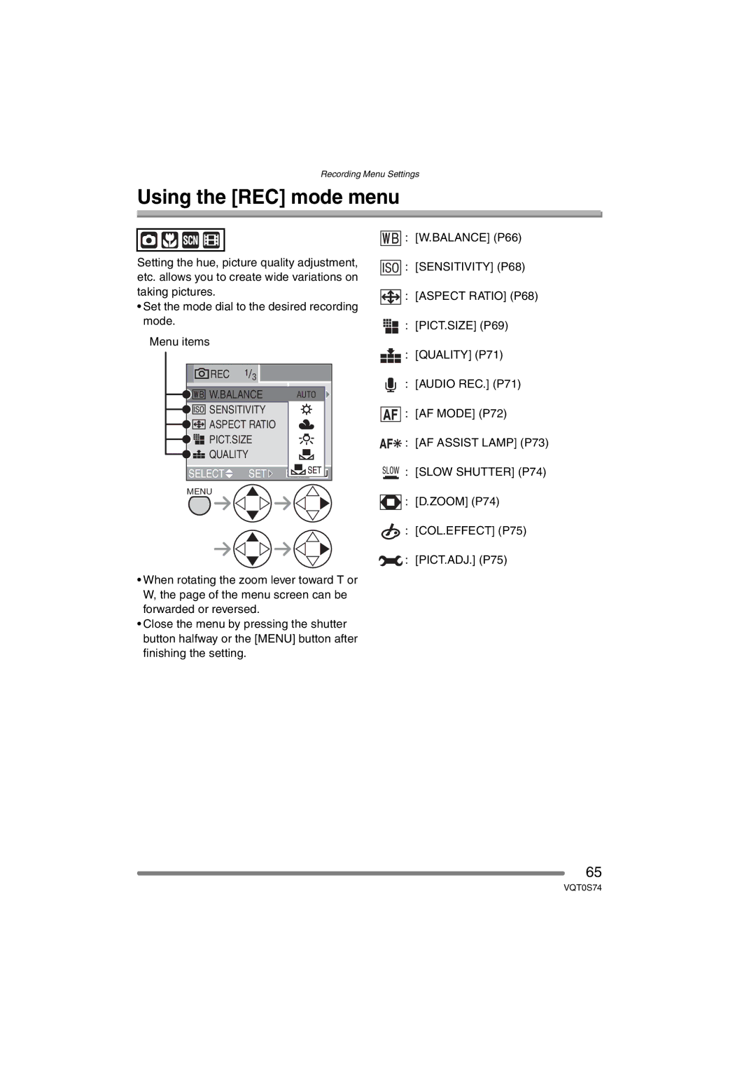 Panasonic DMC-FX9GN operating instructions Using the REC mode menu 