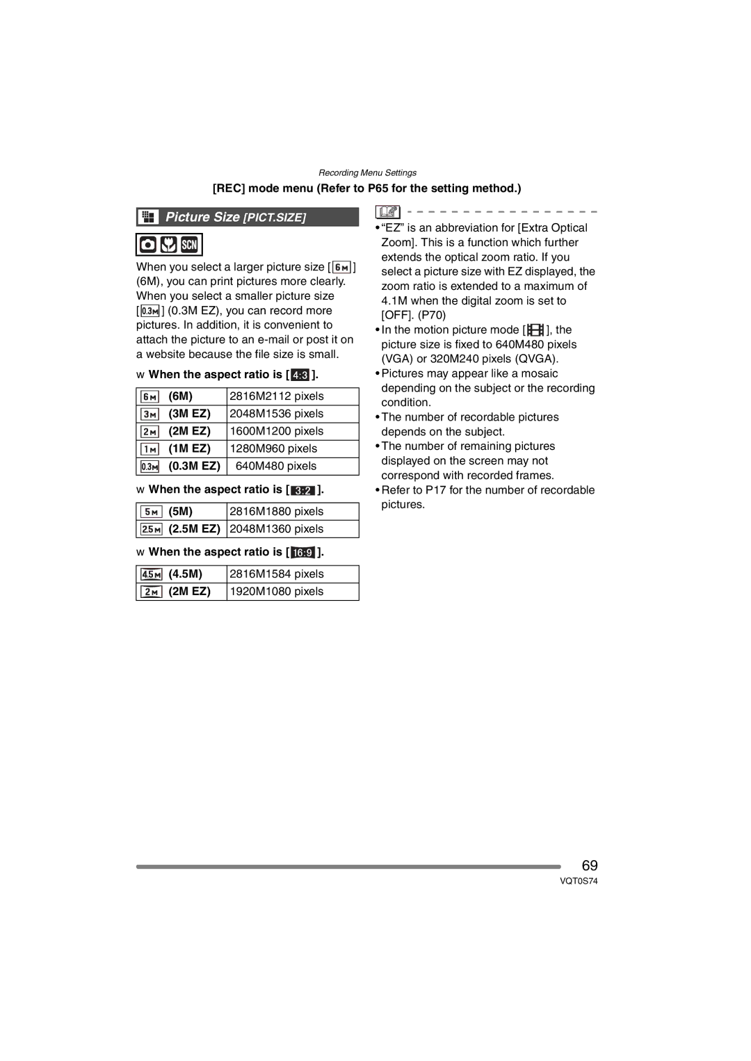 Panasonic DMC-FX9GN operating instructions Picture Size PICT.SIZE 