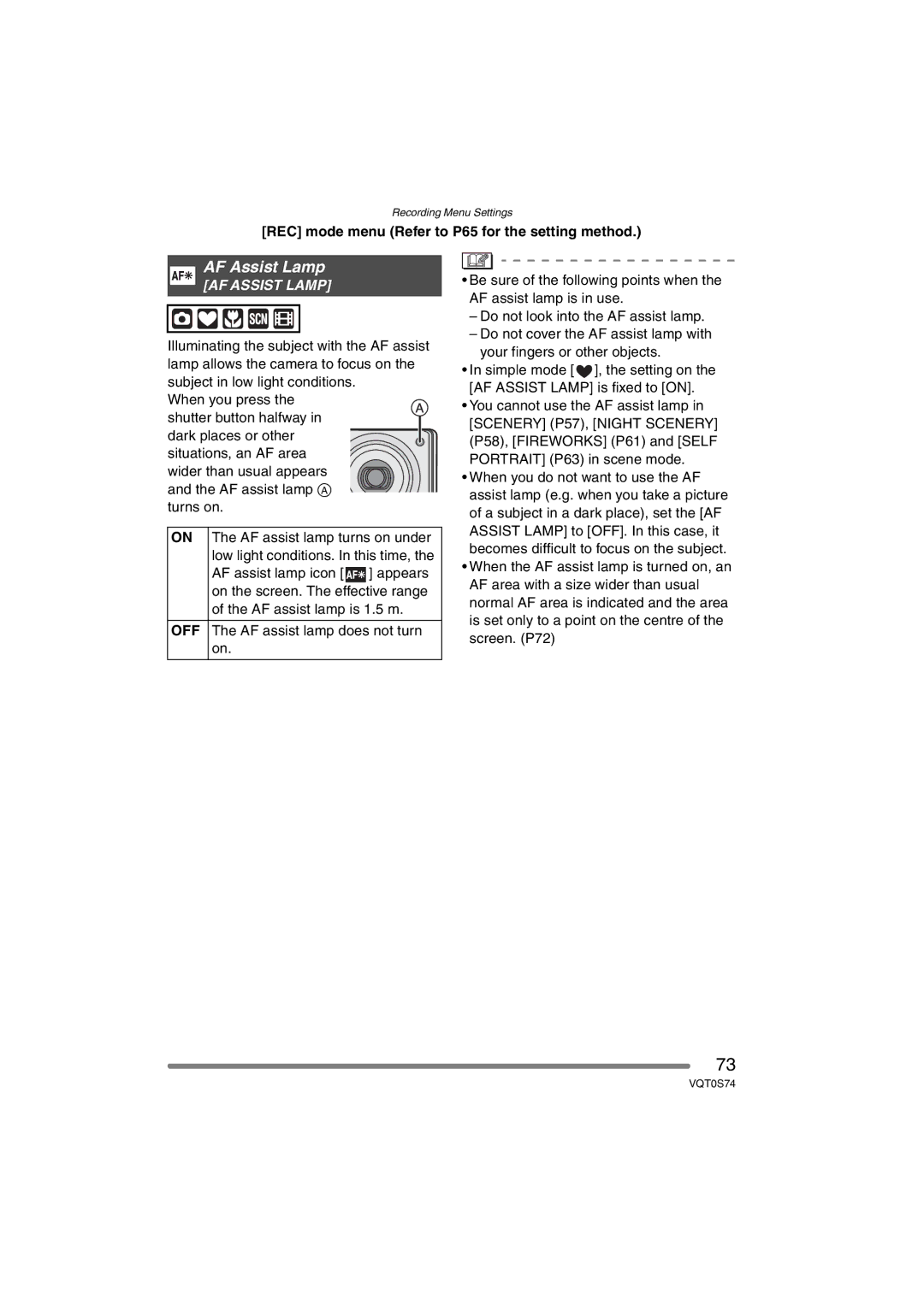 Panasonic DMC-FX9GN operating instructions AF Assist Lamp 