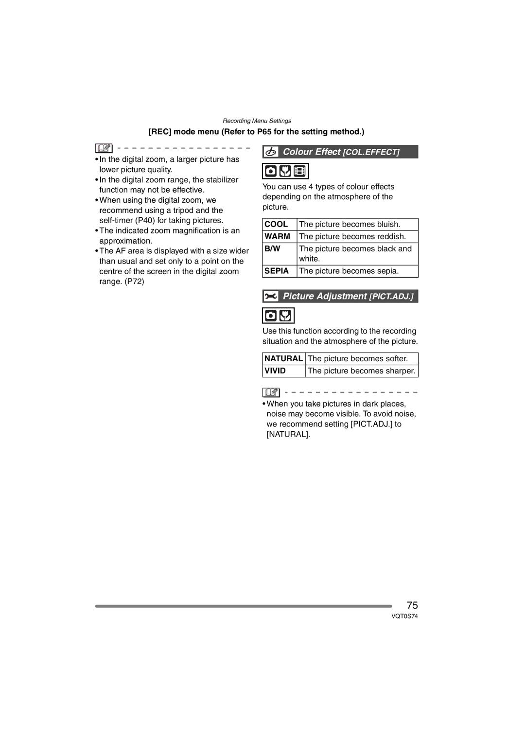 Panasonic DMC-FX9GN operating instructions Colour Effect COL.EFFECT, Picture Adjustment PICT.ADJ 