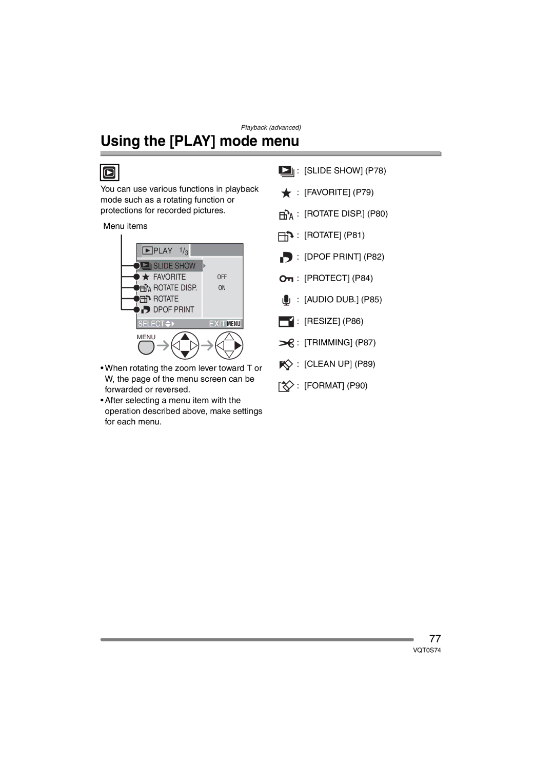 Panasonic DMC-FX9GN operating instructions Using the Play mode menu, Menu items 