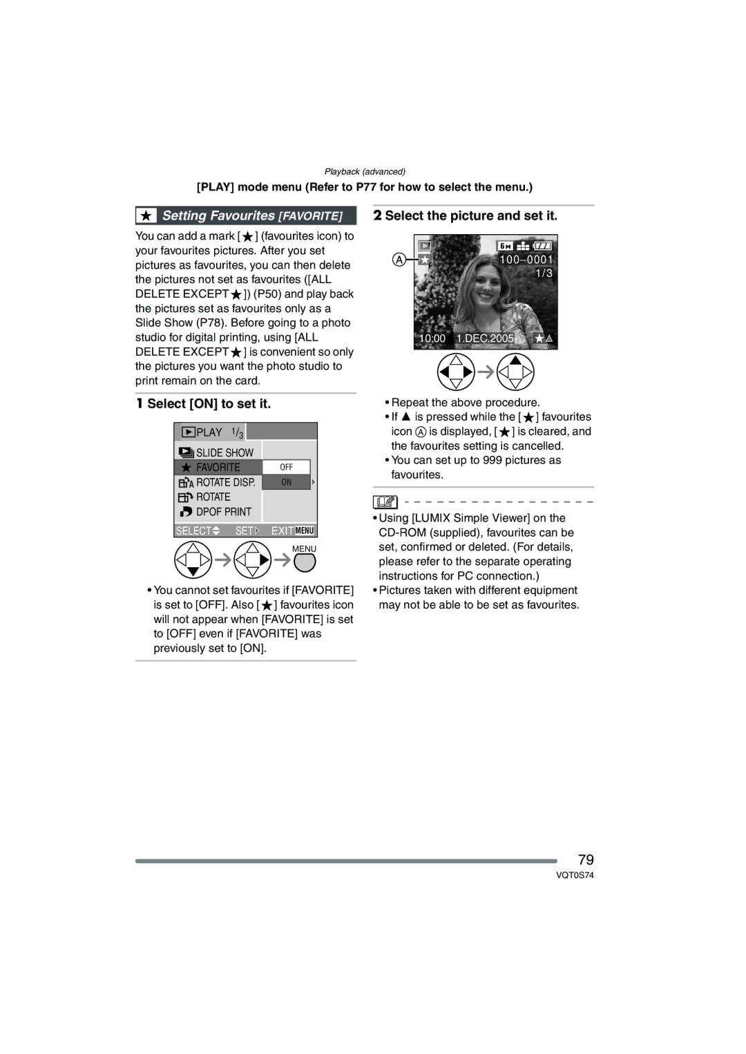 Panasonic DMC-FX9GN operating instructions Setting Favourites Favorite, Select the picture and set it, Select on to set it 