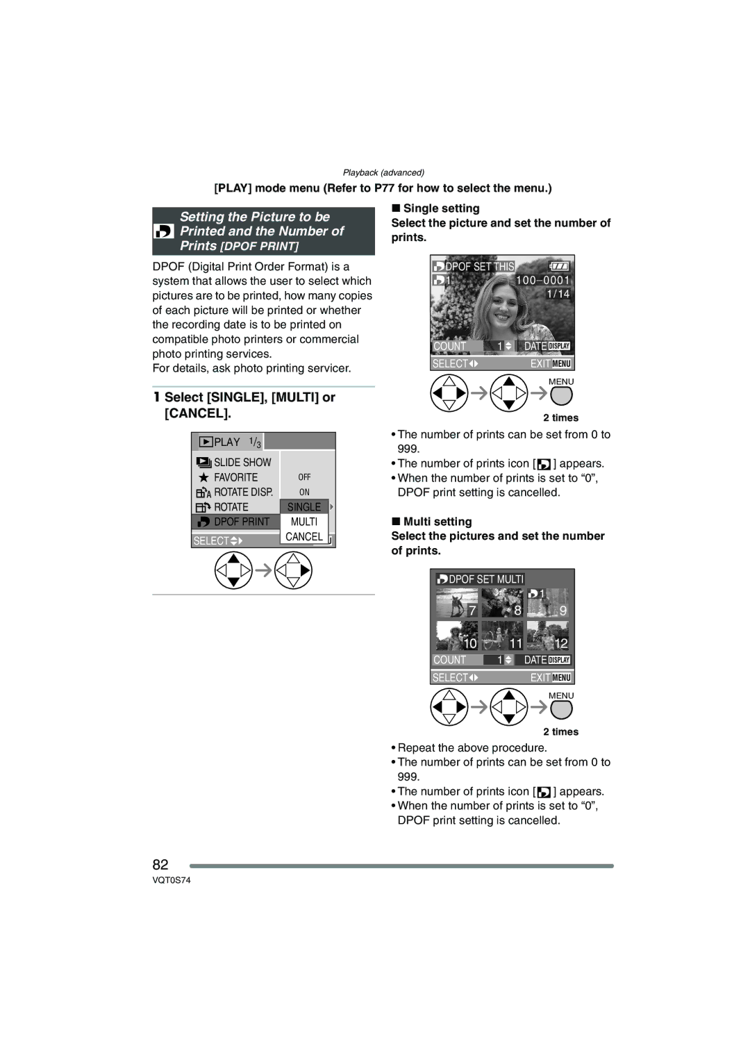 Panasonic DMC-FX9GN operating instructions Setting the Picture to be Printed and the Number, Select SINGLE, Multi or 