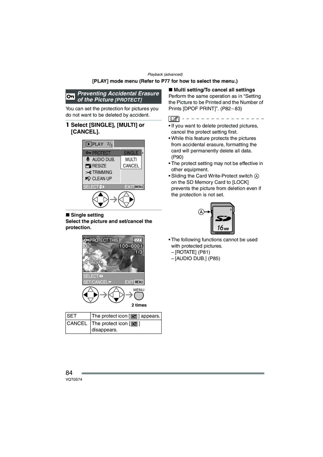 Panasonic DMC-FX9GN Preventing Accidental Erasure of the Picture Protect, Select SINGLE, Multi or Cancel, Set, Appears 