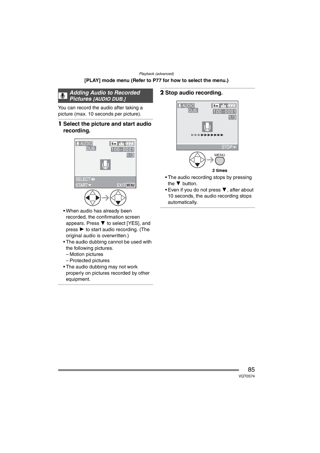 Panasonic DMC-FX9GN operating instructions Adding Audio to Recorded Pictures Audio DUB 