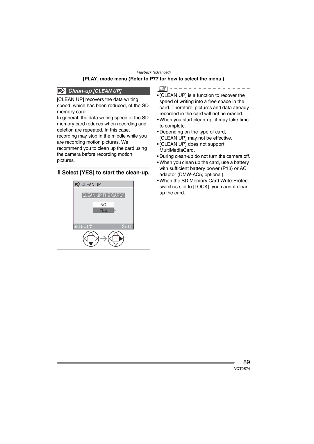 Panasonic DMC-FX9GN operating instructions Clean-up Clean UP, Select YES to start the clean-up 