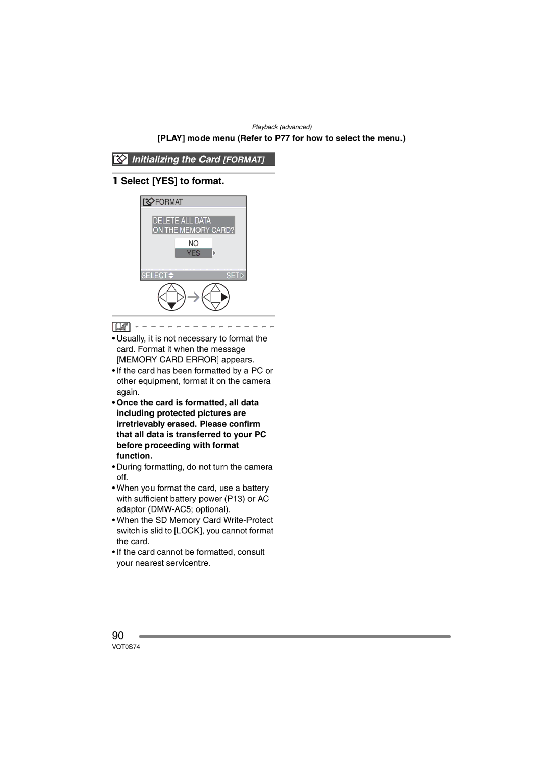 Panasonic DMC-FX9GN Initializing the Card Format, Select YES to format, During formatting, do not turn the camera off 