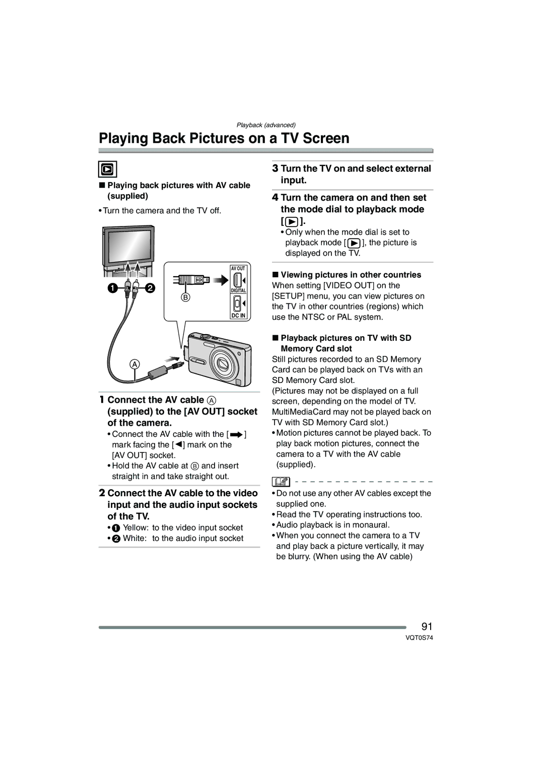 Panasonic DMC-FX9GN Playing Back Pictures on a TV Screen, Playing back pictures with AV cable supplied 