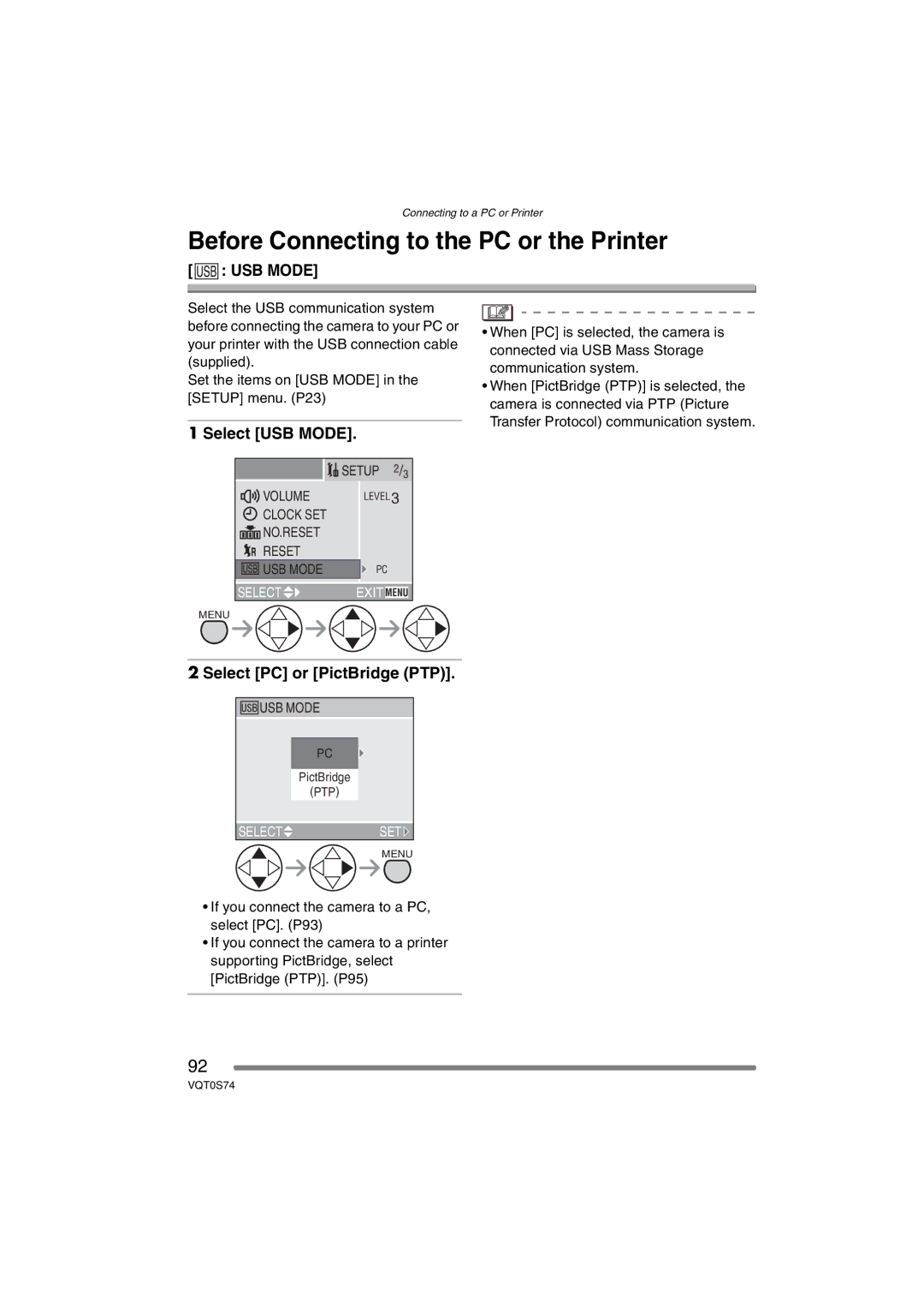 Panasonic DMC-FX9GN Before Connecting to the PC or the Printer, Select USB Mode, Select PC or PictBridge PTP 