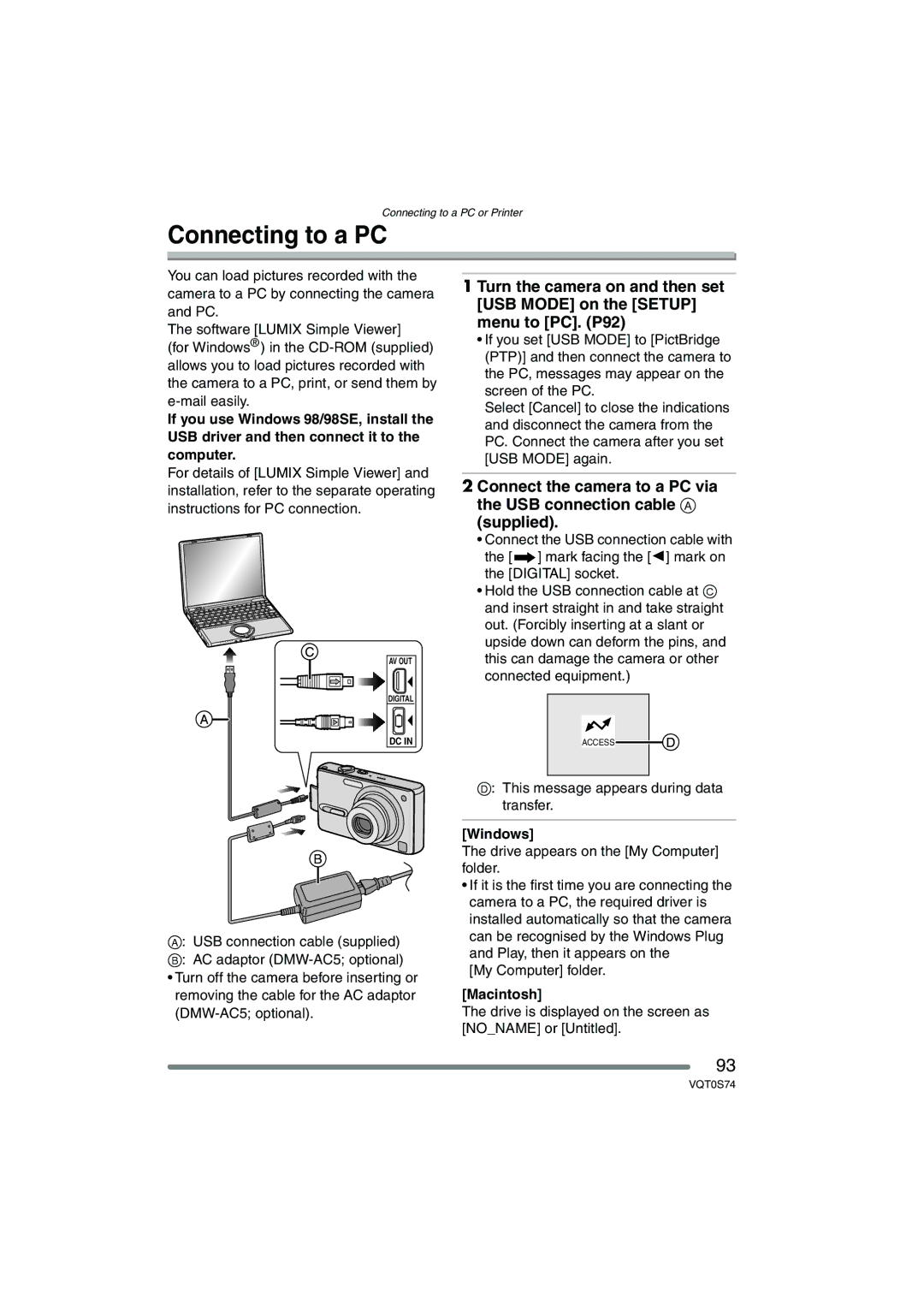 Panasonic DMC-FX9GN Connecting to a PC, This message appears during data transfer, Windows, Macintosh 