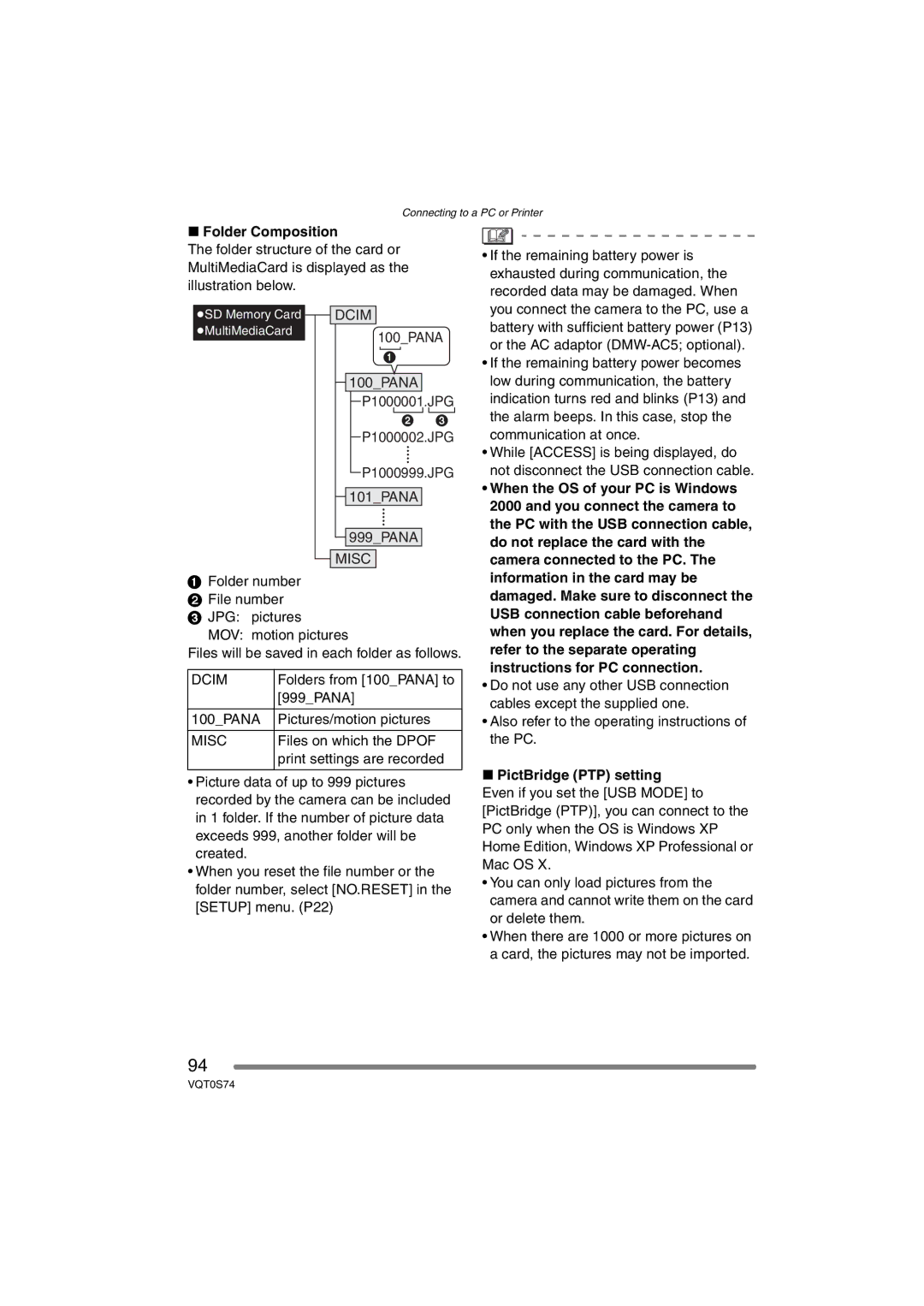 Panasonic DMC-FX9GN operating instructions Folder Composition, Dcim, Misc, PictBridge PTP setting 