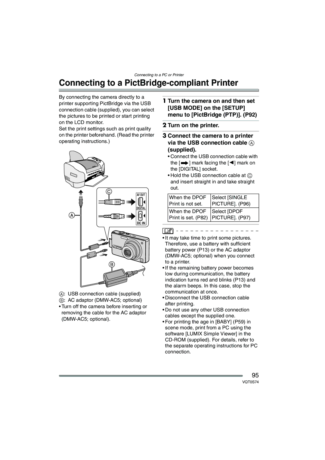 Panasonic DMC-FX9GN operating instructions Connecting to a PictBridge-compliant Printer, PICTURE. P96, PICTURE. P97 