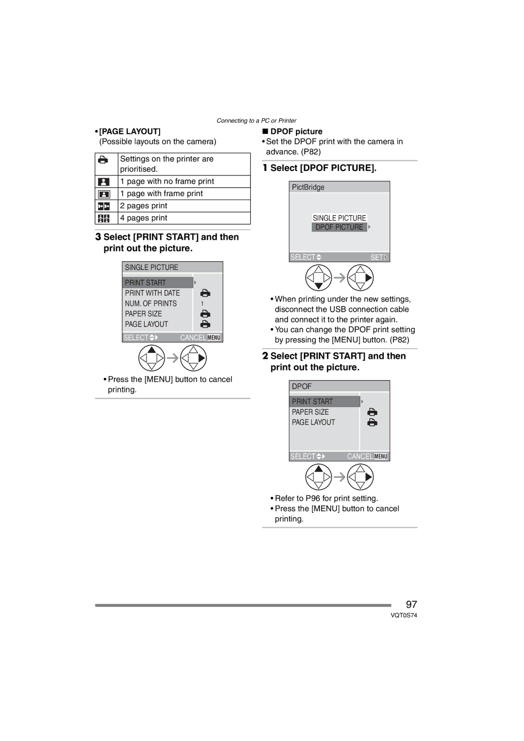 Panasonic DMC-FX9GN Select Print Start and then print out the picture, Select Dpof Picture, Layout, Dpof picture 