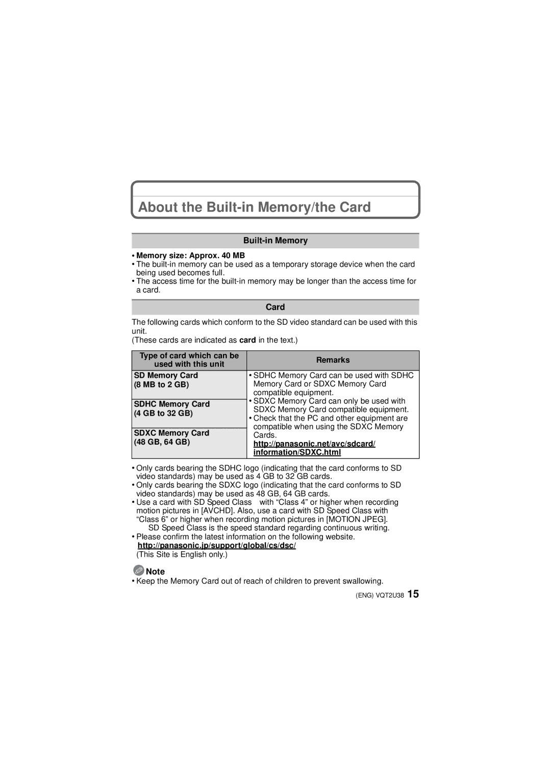 Panasonic DMC-FZ100, DMCFZ100K, VQT2U38 operating instructions About the Built-in Memory/the Card, Memory size Approx MB 