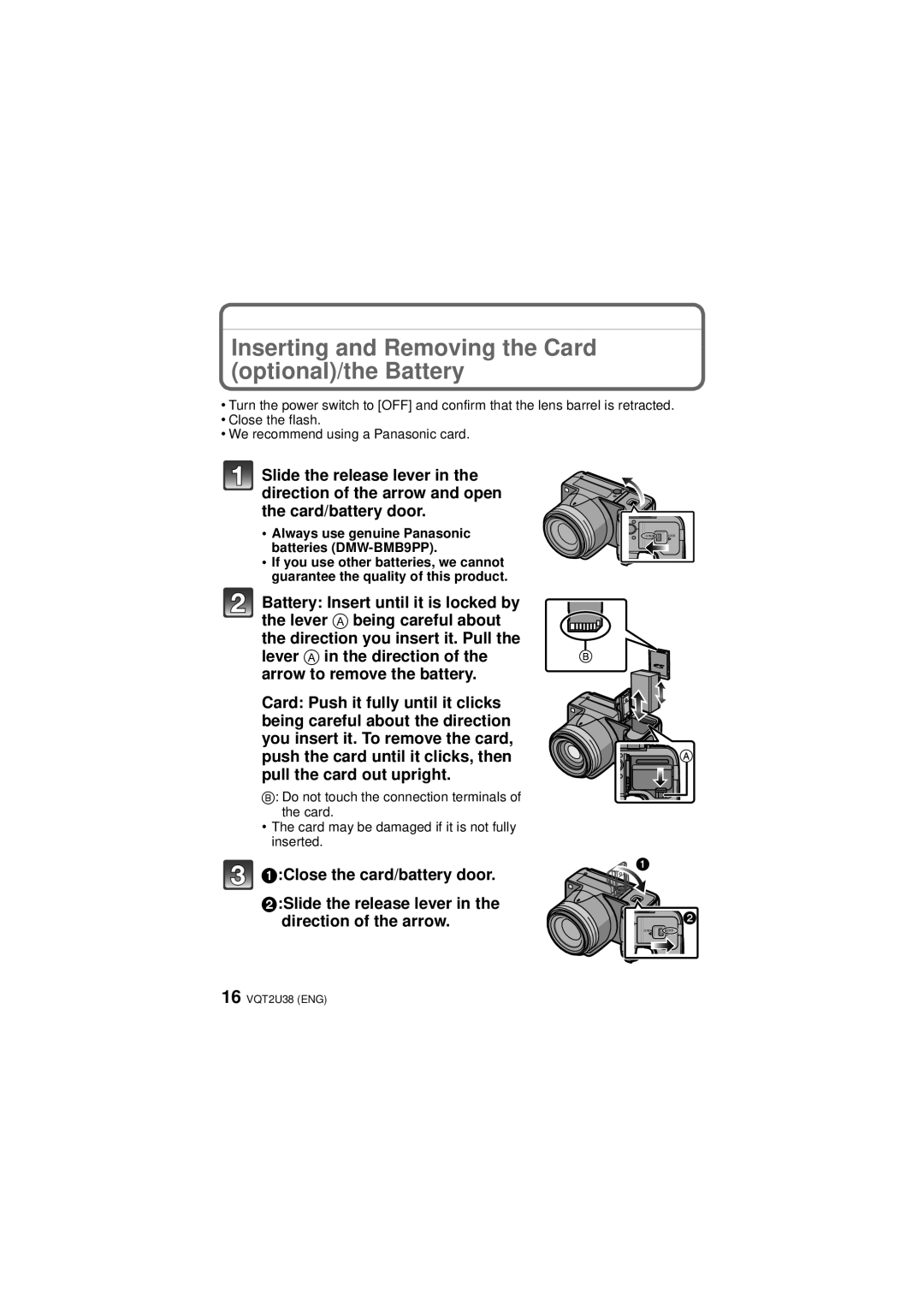 Panasonic DMCFZ100K, DMC-FZ100, VQT2U38 operating instructions Inserting and Removing the Card optional/the Battery 