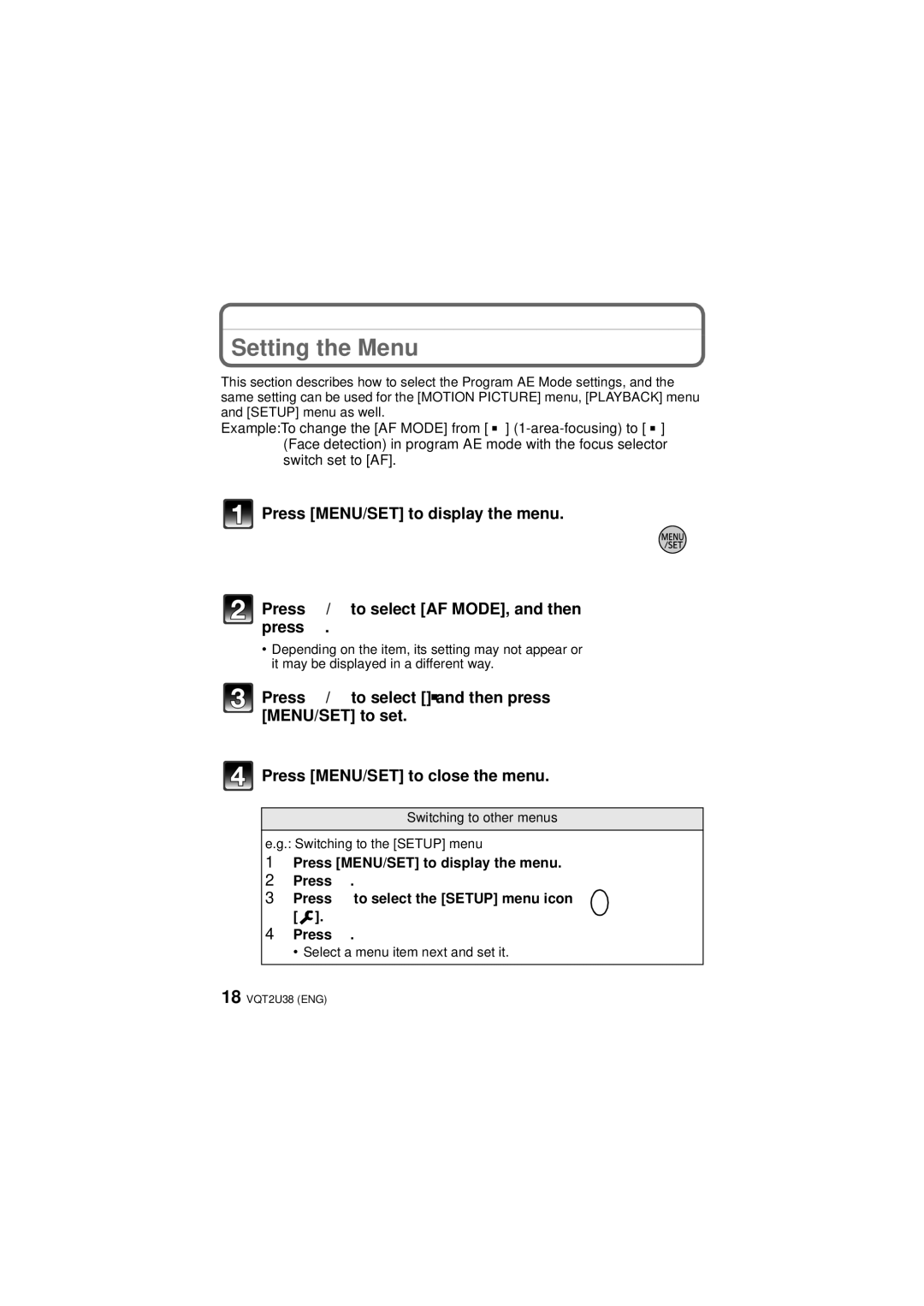 Panasonic DMC-FZ100, DMCFZ100K, VQT2U38 operating instructions Setting the Menu 