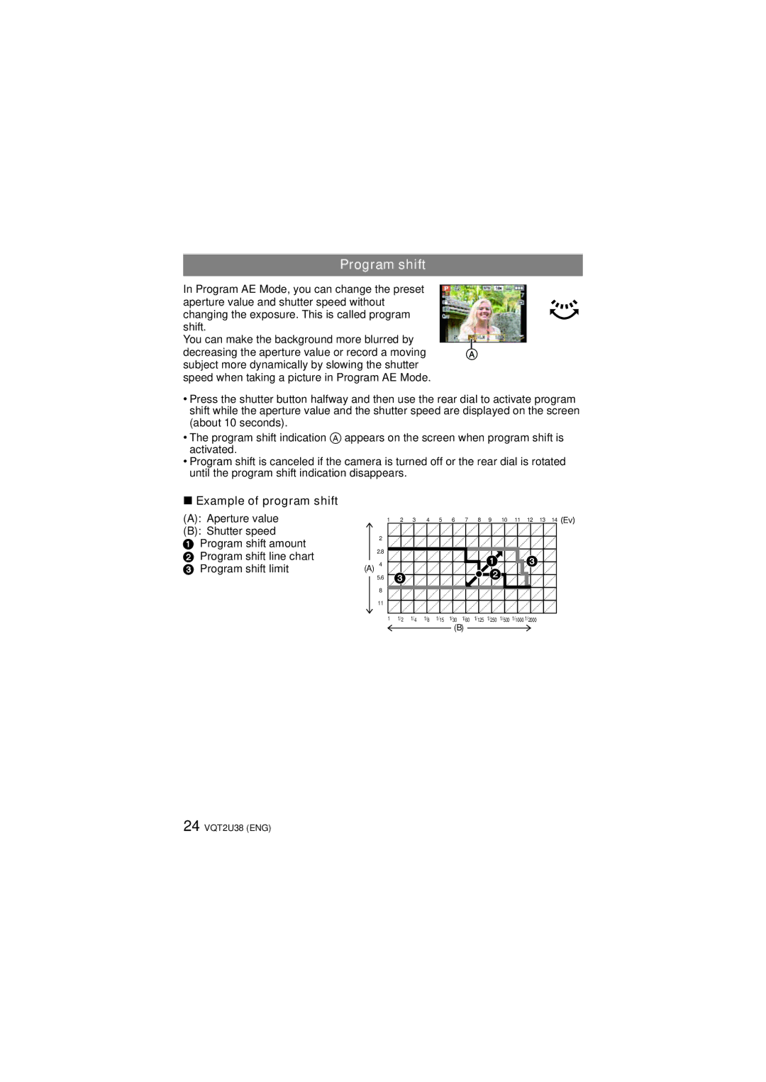 Panasonic DMC-FZ100, DMCFZ100K, VQT2U38 operating instructions Program shift, Example of program shift 