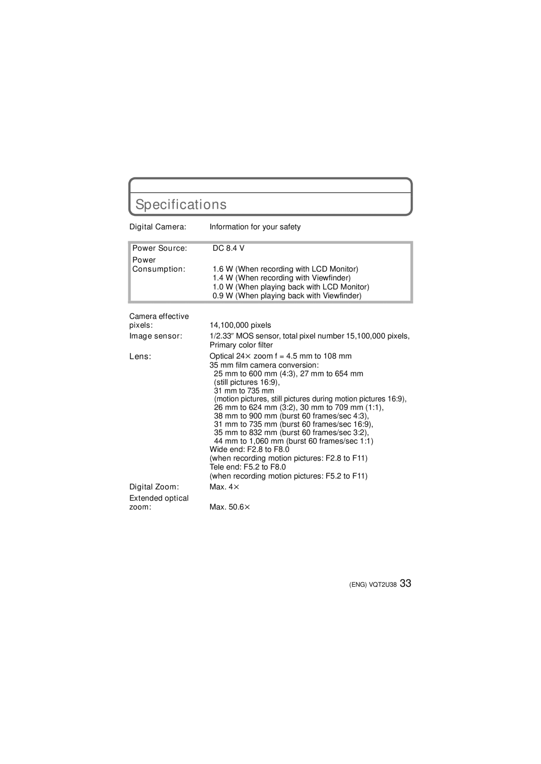 Panasonic DMC-FZ100, DMCFZ100K, VQT2U38 operating instructions Specifications, Lens 