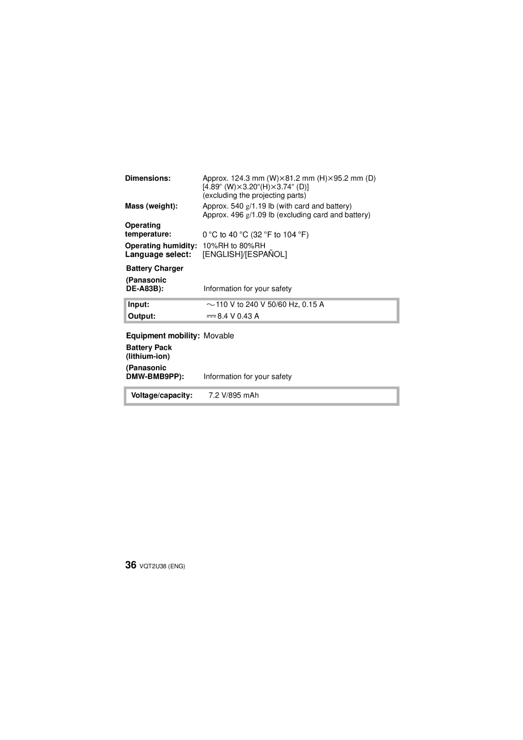 Panasonic DMC-FZ100, DMCFZ100K, VQT2U38 operating instructions Equipment mobility Movable 