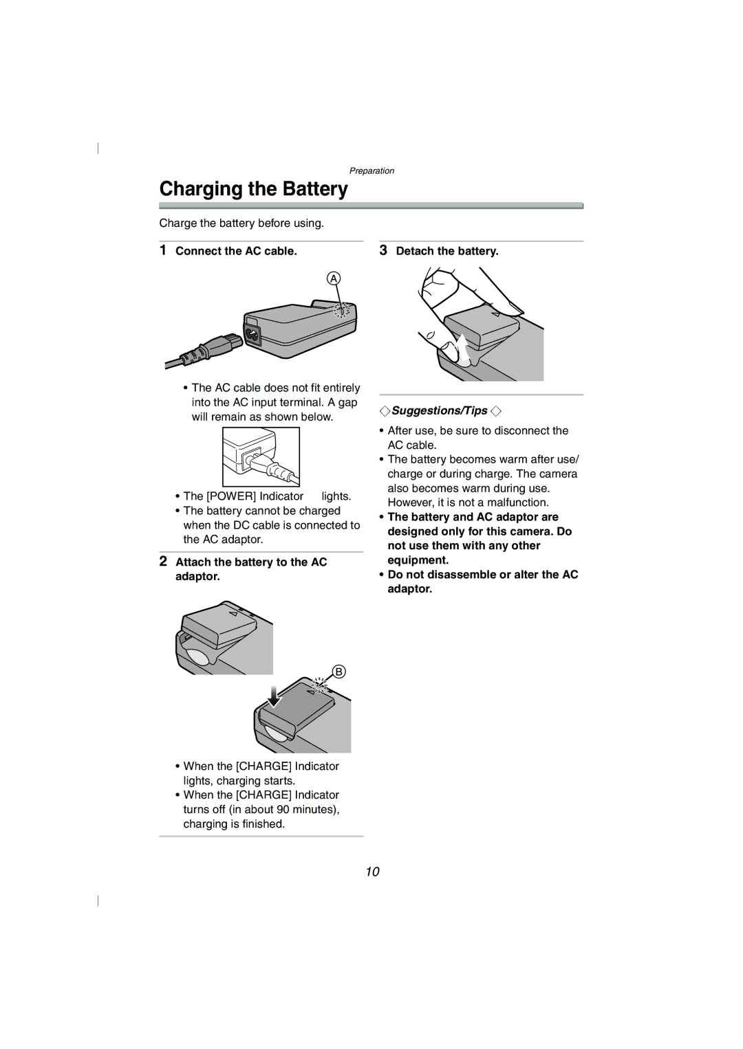 Panasonic DMC-FZ10GN Charging the Battery, Connect the AC cable, Attach the battery to the AC adaptor Detach the battery 