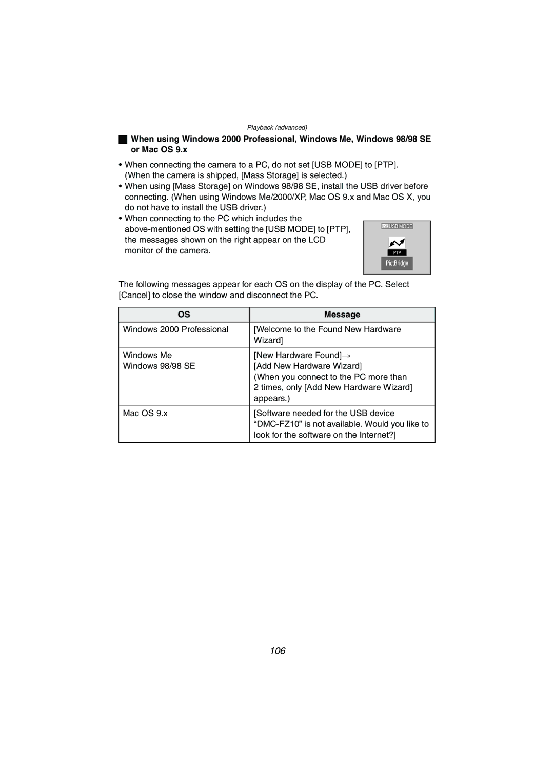 Panasonic DMC-FZ10GN operating instructions 106, Message 