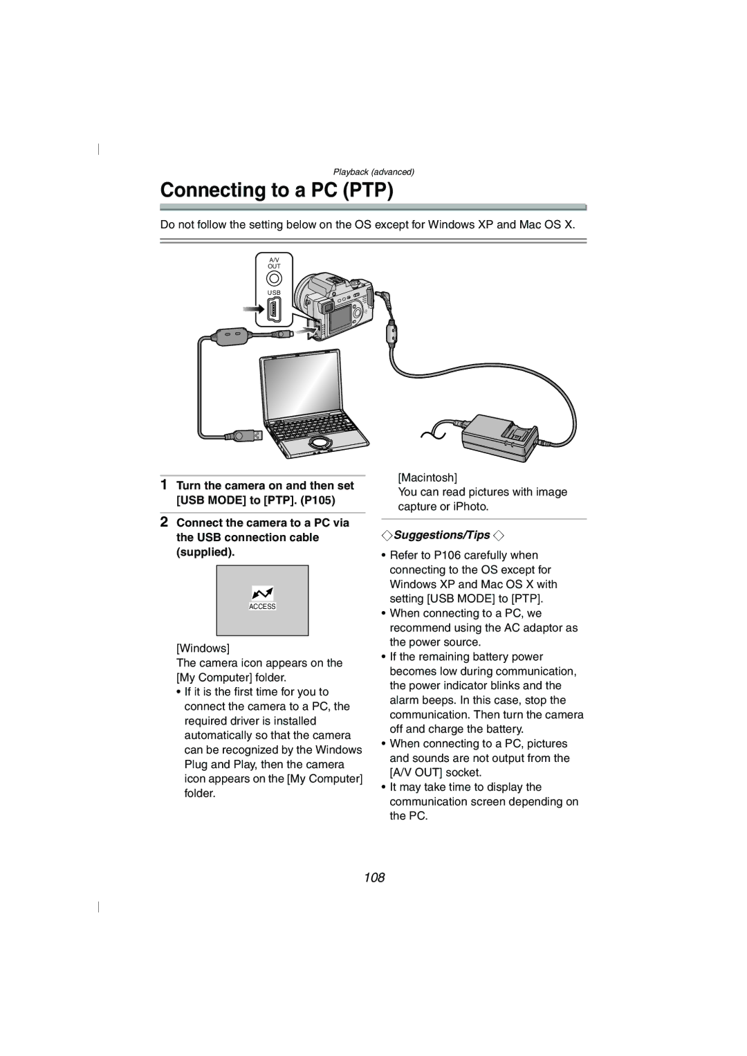 Panasonic DMC-FZ10GN operating instructions Connecting to a PC PTP, 108 