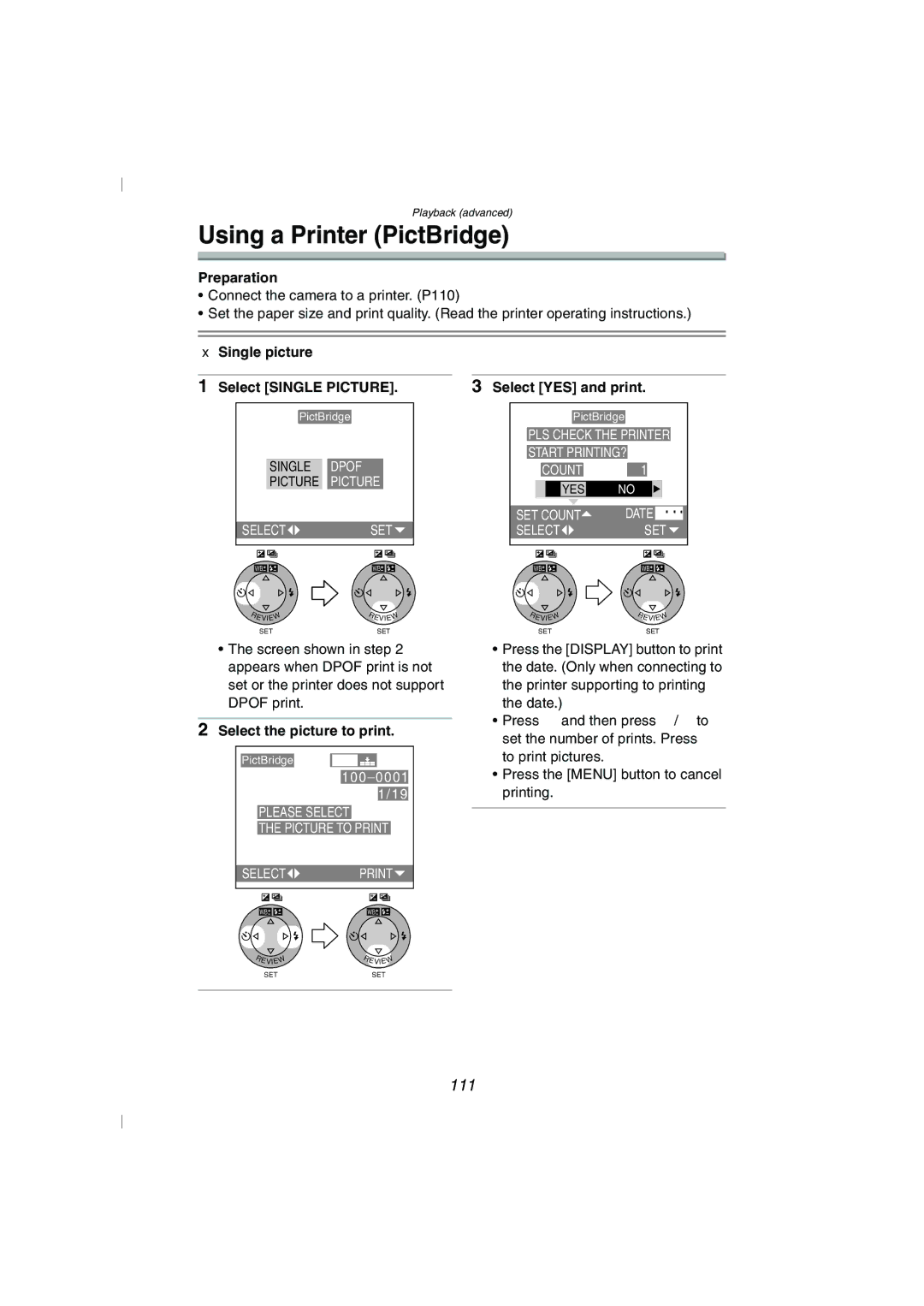 Panasonic DMC-FZ10GN operating instructions Using a Printer PictBridge, 111, Single picture, Select the picture to print 