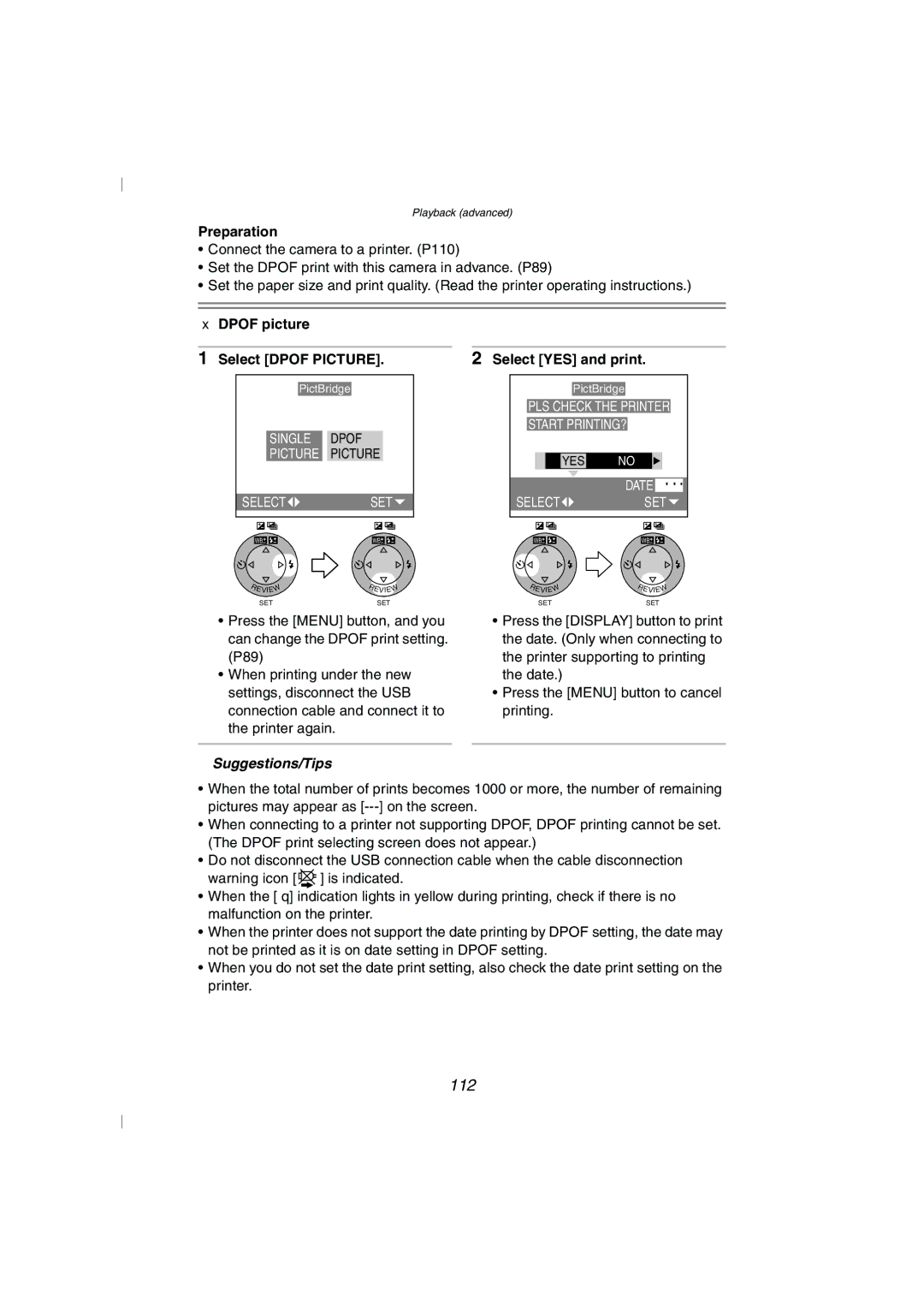 Panasonic DMC-FZ10GN operating instructions 112, Dpof picture 