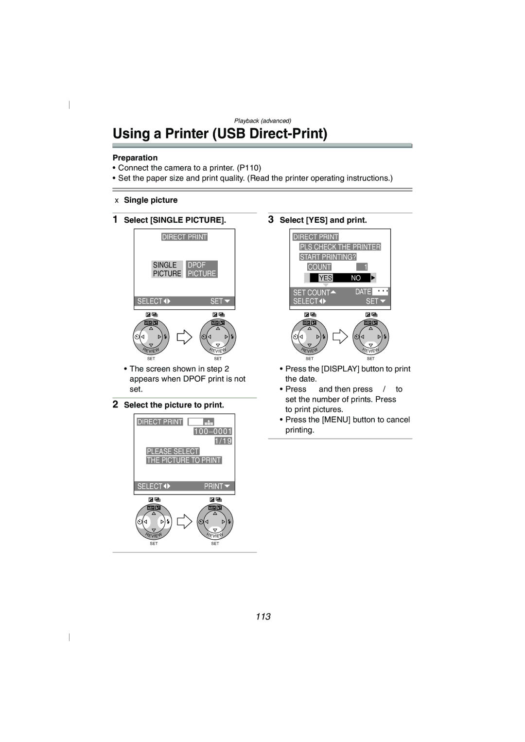 Panasonic DMC-FZ10GN Using a Printer USB Direct-Print, 113, Single picture Select Single Picture, Select YES and print 