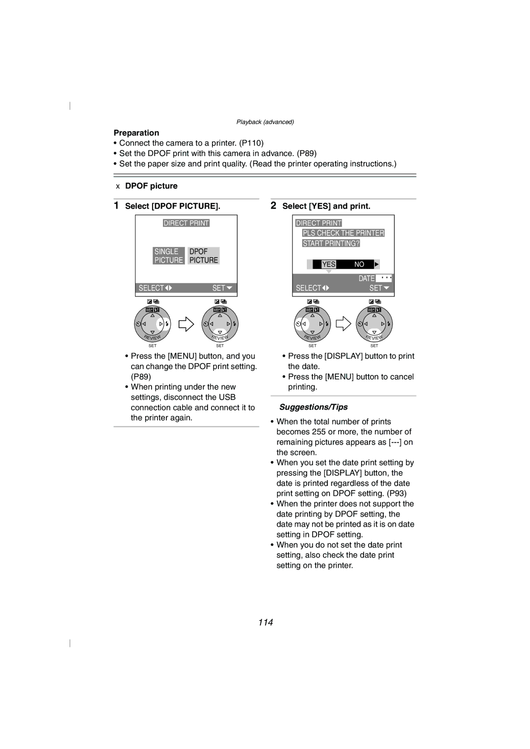 Panasonic DMC-FZ10GN operating instructions 114, Dpof picture Select Dpof Picture 