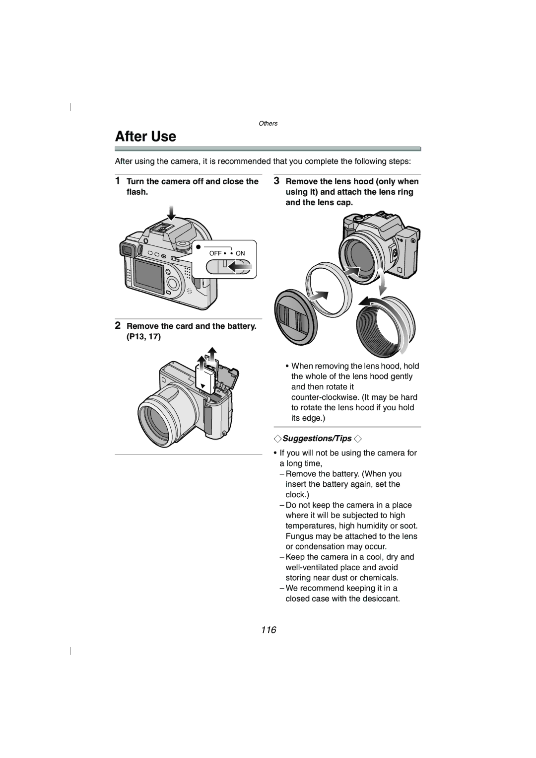 Panasonic DMC-FZ10GN operating instructions After Use, 116, Flash, Lens cap, Remove the card and the battery. P13 