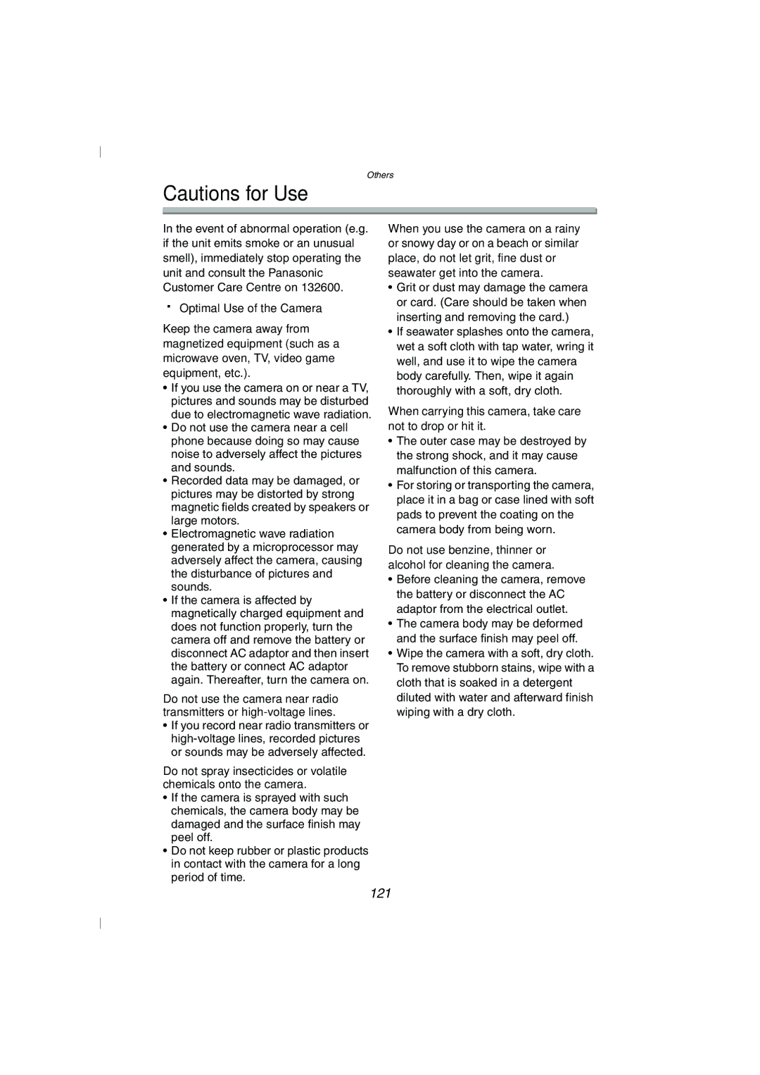 Panasonic DMC-FZ10GN operating instructions 121, When carrying this camera, take care not to drop or hit it 