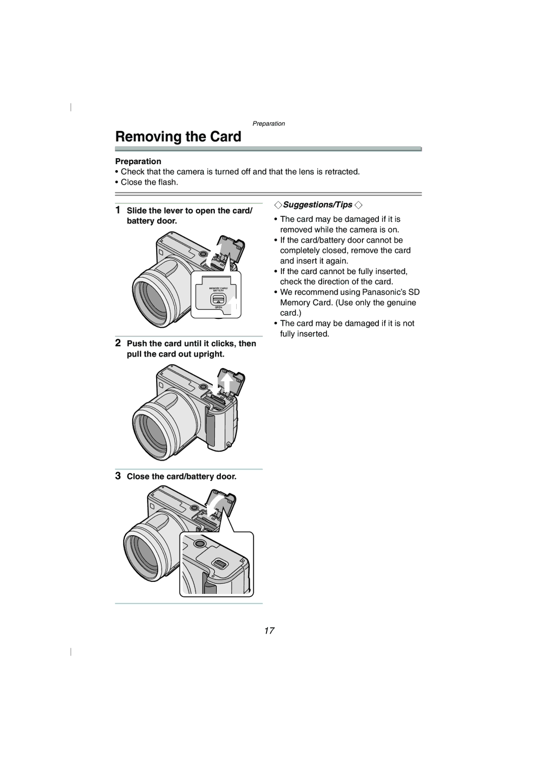 Panasonic DMC-FZ10GN operating instructions Removing the Card, Slide the lever to open the card/ battery door 