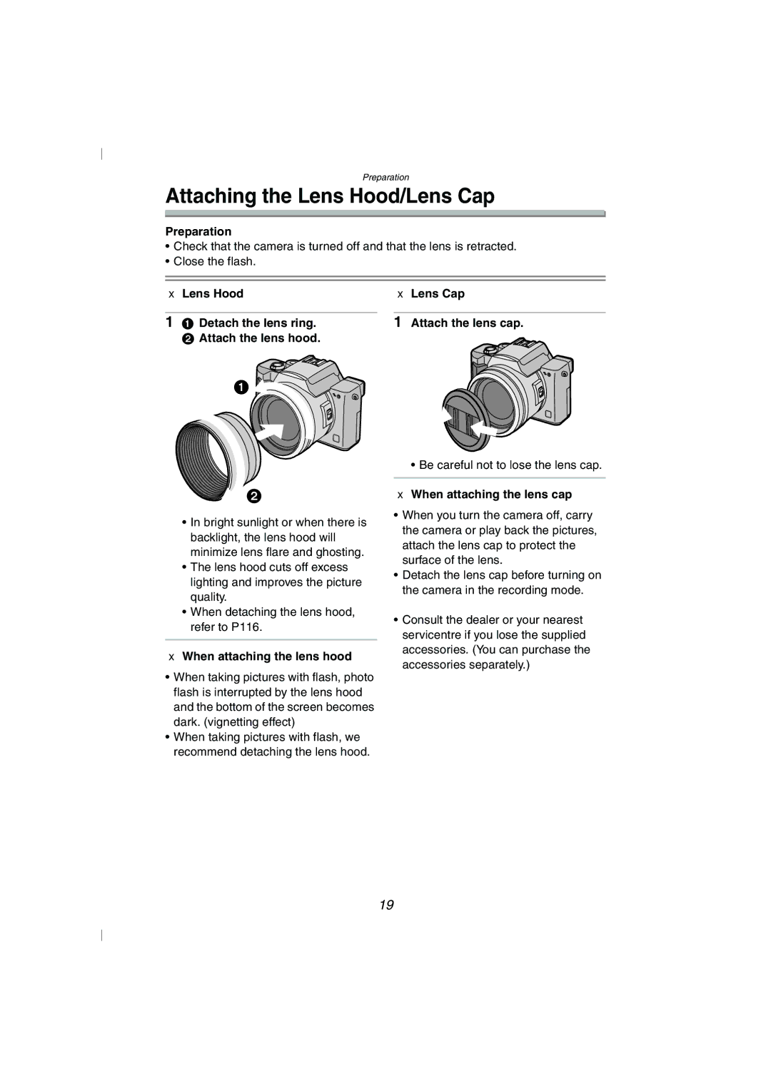 Panasonic DMC-FZ10GN Attaching the Lens Hood/Lens Cap, Lens Hood Detach the lens ring Attach the lens hood 