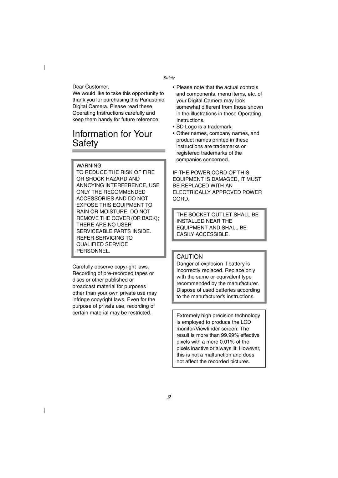 Panasonic DMC-FZ10GN operating instructions Information for Your Safety, Dear Customer 