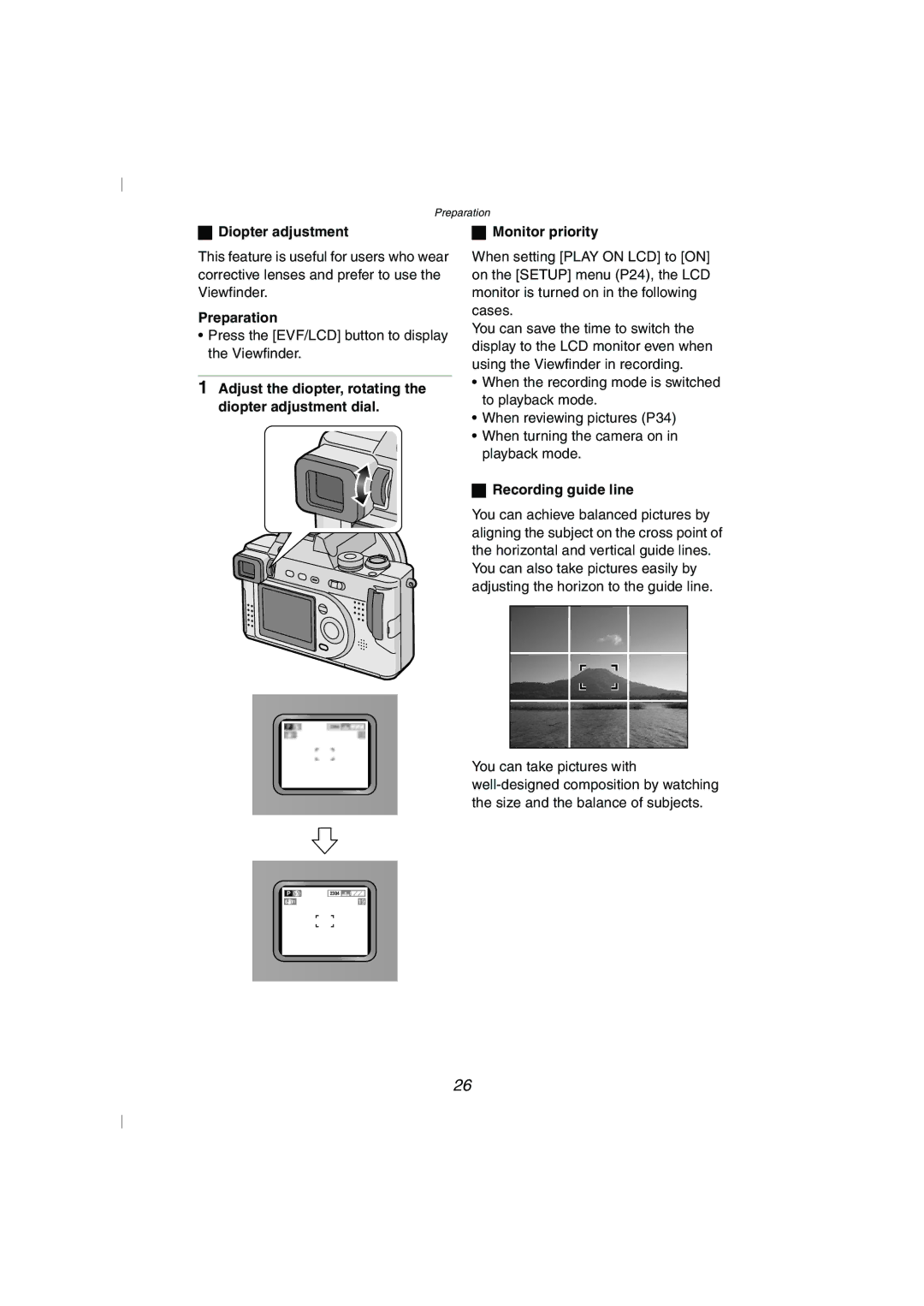 Panasonic DMC-FZ10GN operating instructions Diopter adjustment, Recording guide line 