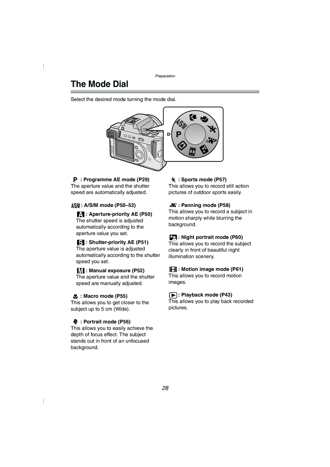 Panasonic DMC-FZ10GN operating instructions Mode Dial 